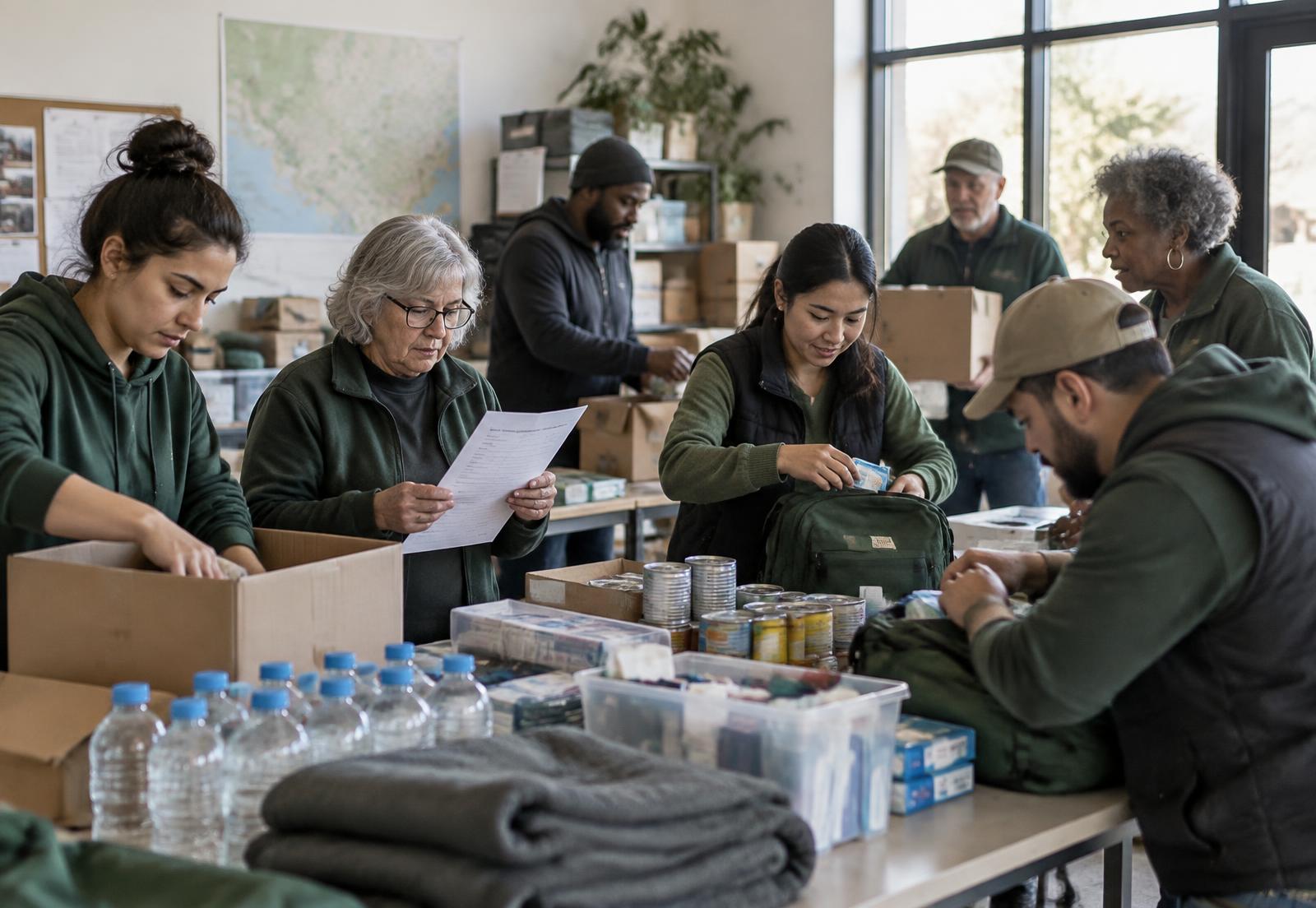 Volunteers and community leaders organizing supplies and emergency kits in a community resource center