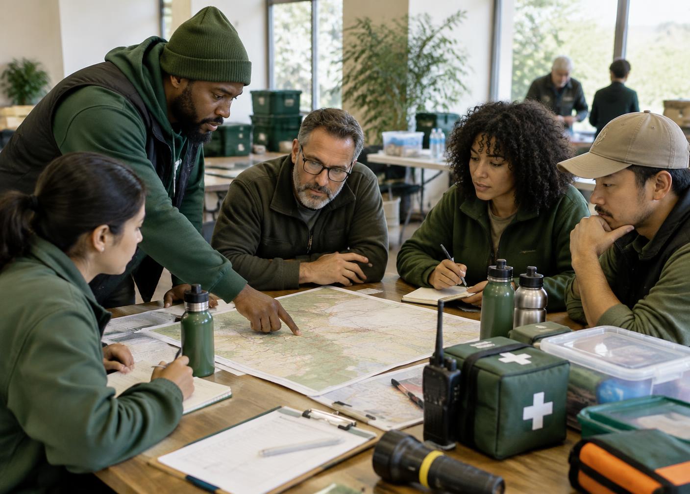 A diverse preparedness team reviewing a map and emergency supplies together